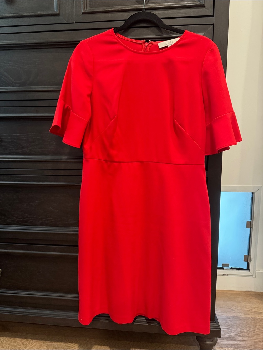 LOFT Red Short Sleeve Sheath Dress - Women's. Ruffle sleeve.